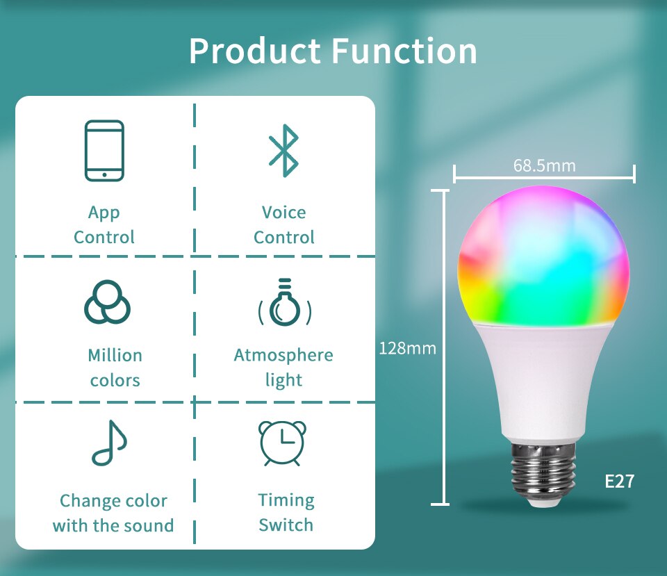 Tuya Smart Led Bulb E27 220V Smart Light APP Control Bluetooth RGB Dimmable Bulb